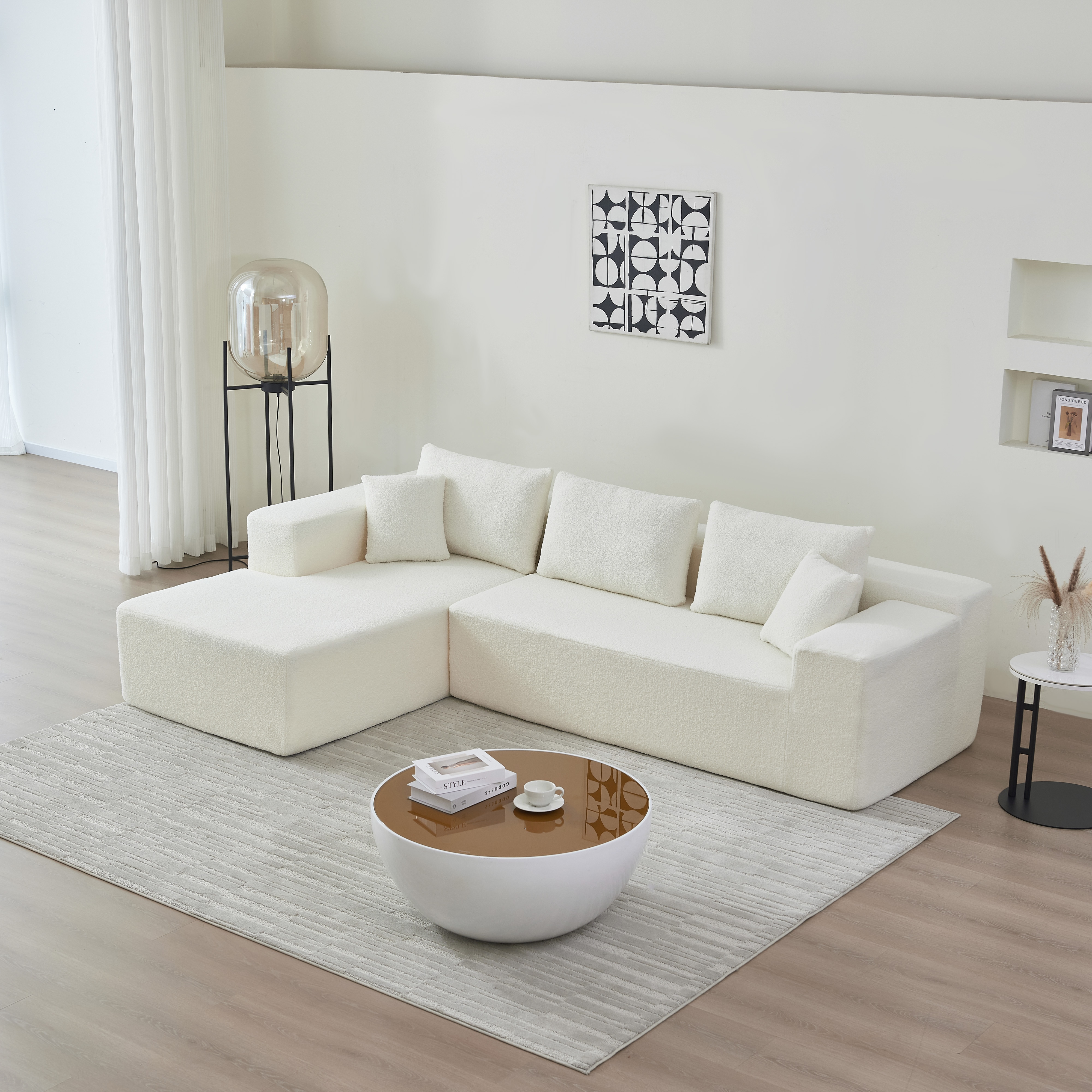 104.33" Sponge Sectional Sofa Couch for Living Room, L Shaped Modern Lamb Modular High Density Sponge Floor Sofa, Sherpa Fabric Sofa Couch with Chaise Lounge & Pillows, Upholstered Corner Cloud Couch 